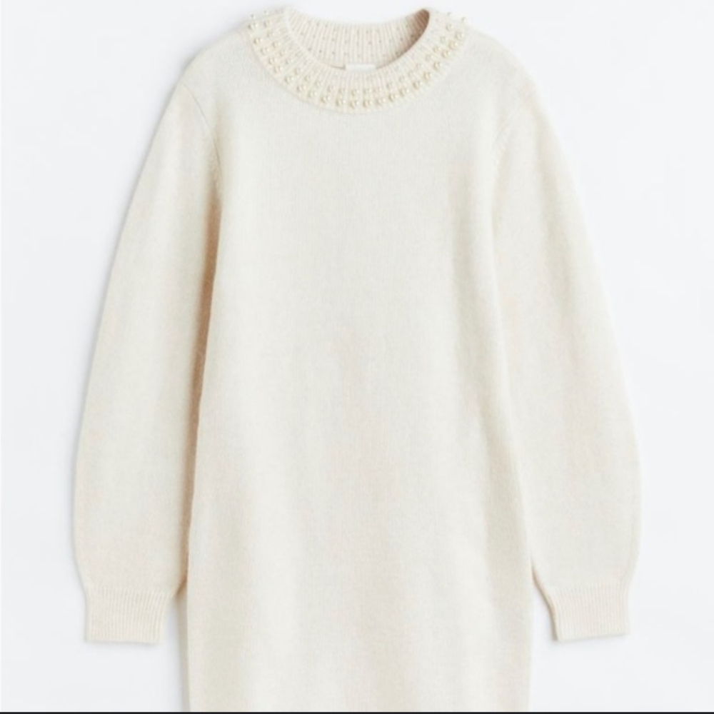 H&m white wool long sleeve sweater dress with pearl detail along the neckline. S